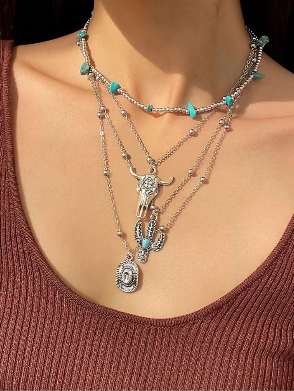 Fashion Jewelry Silver Layered Western Necklace Set with Turquoise Accents